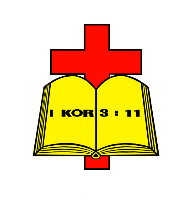 Lambang Gereja Kristen Injili Indonesia (GKII): salib di atas Alkitab terbuka, I Korintus 3:11