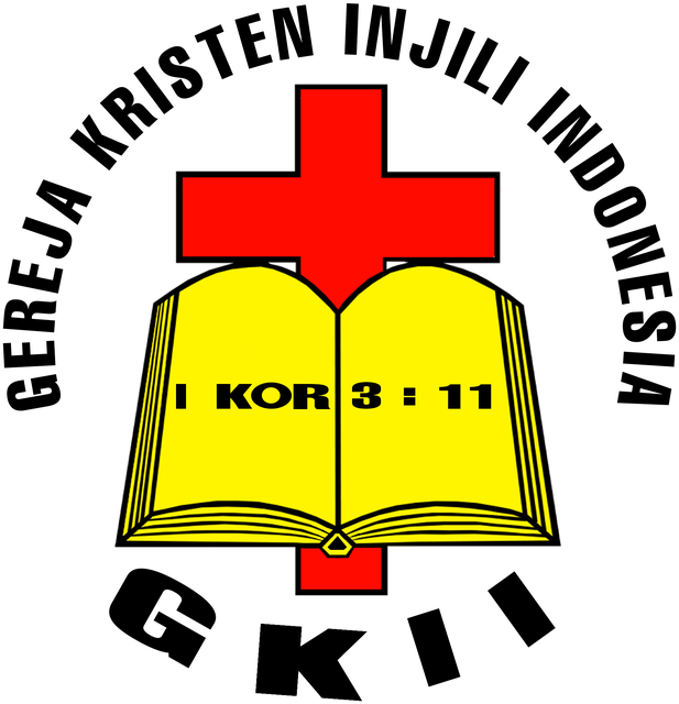 Lambang Gereja Kristen Injili Indonesia (GKII): salib di atas Alkitab terbuka, I Korintus 3:11